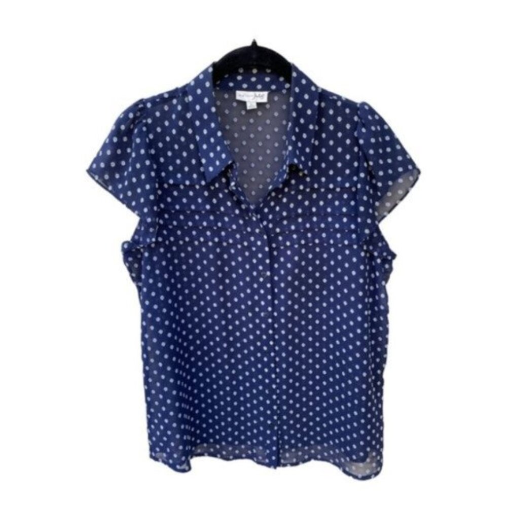 Maison Jules Women's Navy Polka Dot Flutter Sleeve Blouse Size Large